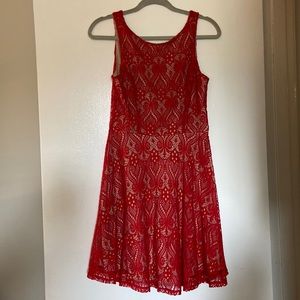 Red lace over nude mini empire waist dress size medium